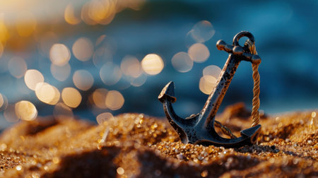This captivating image features a close-up of a metal anchor resting on a sandy beach, illuminated by soft sunset light with a sparkling ocean backdrop.の素材