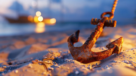A close-up of a rusty anchor resting on a sandy beach at twilight, with a blurred ship in the background and glowing lights creating a serene atmosphere.の素材