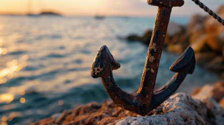 A close-up of a weathered iron anchor resting on a rocky shoreline, with a stunning ocean sunset in the background creating a serene atmosphere.の素材