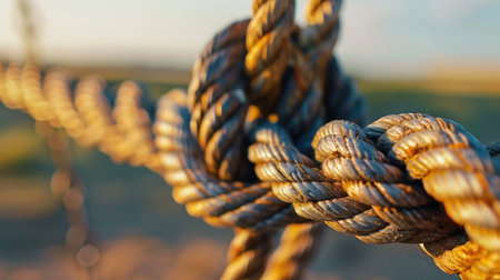 A detailed close-up view of a twisted rope knot showcases the intricate texture and fibers while highlighting the natural beauty of an outdoor setting.の素材