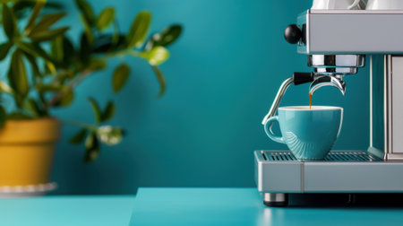 A beautifully crafted espresso shot pours into a stylish turquoise cup from a modern machine, set against a vivid turquoise backdrop with greenery.の素材