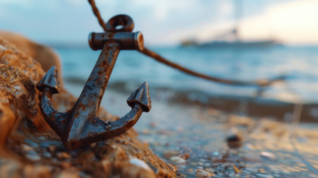 A close-up view of a rusty anchor resting on the sandy beach, surrounded by gentle ocean waves, illuminated by the soft light of sunset, evoking a sense of tranquility.の素材