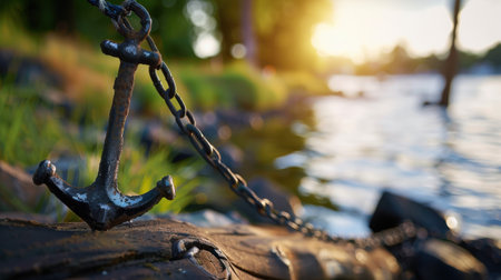 A detailed close-up of a rusty anchor fixed with a chain rests on a wooden surface by the water's edge at sunset, creating a serene outdoor scene.の素材