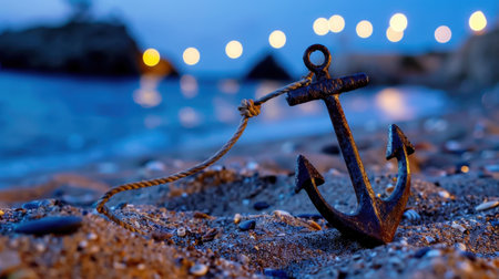 A close-up of a rusty anchor resting on a sandy beach at twilight. The soft bokeh lights in the background enhance the serene and tranquil atmosphere, perfect for evoking a sense of summer nostalgia.の素材
