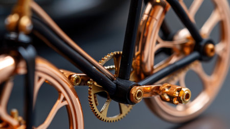 This close-up image showcases the intricate details of a bicycle's gears and chain, emphasizing the elegant copper and black finish. Ideal for art and engineering.の素材