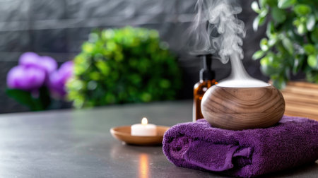 This serene image showcases an essential oil diffuser emitting steam, accompanied by a candle and a soft towel, perfect for a wellness and relaxation atmosphere.の素材