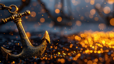 A stunning close-up of a glittering gold anchor set against a dreamy bokeh background, evoking feelings of adventure and the allure of the ocean.の素材