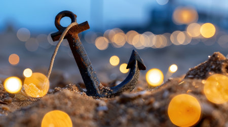 A captivating anchor rests in golden sand surrounded by warm glowing lights, creating a tranquil beach scene that evokes relaxation and summer vibes.の素材