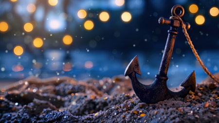 A rustic anchor rests on the sandy beach, surrounded by soft bokeh lights that create a tranquil atmosphere, perfect for evoking feelings of calmness and nostalgia.の素材