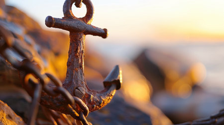 A close-up of a rusty anchor attached to a chain, set against a blurred sunset background. The warm tones and soft light evoke a tranquil seaside atmosphere.の素材