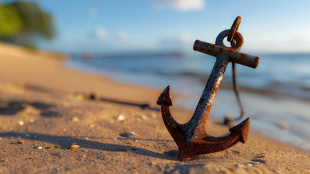 A close-up view of a rusty anchor resting on a sandy beach, with the glistening ocean and serene horizon in the background, evoking a sense of adventure.の素材