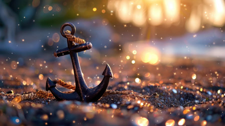 A rustic anchor resting on sandy beach, illuminated by soft sunlight and surrounded by sparkling bokeh lights, evokes feelings of tranquility and adventure.の素材
