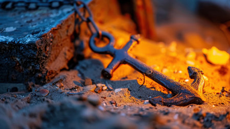 A close-up of a rusty metal anchor nestled in sand, illuminated by warm light, revealing textures and evoking nostalgia for the sea and exploration.の素材