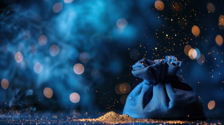 A stunning blue bag filled with shimmering particles stands against a dreamy backdrop of soft-focus lights and smoke, creating a magical atmosphere.の素材