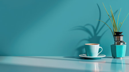 A modern coffee cup rests on a sleek surface against a vibrant teal wall, accompanied by a minimalist plant. Ideal for contemporary decor themes.の素材