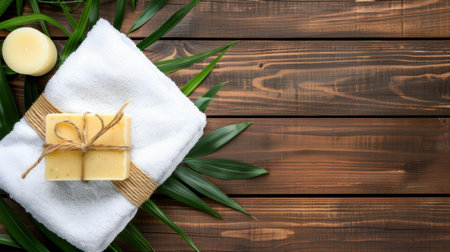 A serene flat lay featuring natural handmade soap wrapped elegantly and placed on a soft towel, surrounded by vibrant green leaves on a rustic wooden surface.の素材