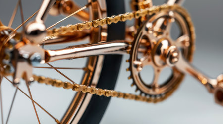 This captivating close-up image showcases the intricate details of vintage bicycle gears and chains, reflecting craftsmanship and design on a soft gray background.の素材