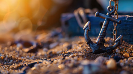 A beautifully crafted vintage anchor rests on a sandy beach, illuminated by the warm glow of a sunset, evoking feelings of tranquility and adventure.の素材