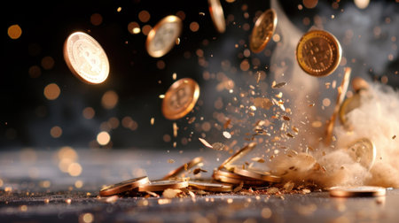 A striking visual of cryptocurrency coins bursting into the air, surrounded by sparkling particles and dust, set against a dark background, symbolizing innovation and growth.の素材