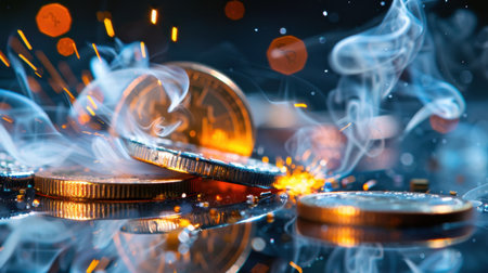 This captivating image features glowing coins enveloped in smoke and sparks on a dark surface, symbolizing the dynamic world of cryptocurrency.の素材