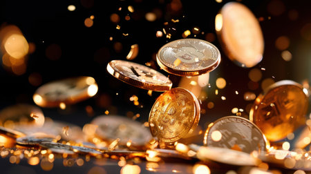This captivating image showcases golden Bitcoin coins falling gracefully against a dark backdrop, surrounded by sparkling dust particles, symbolizing digital wealth and modern finance.の素材