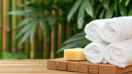 A serene image featuring soft white towels and a natural soap bar on a wooden board, set against a lush green background, ideal for wellness and relaxation themes.の素材