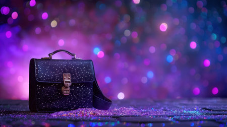 A stunning black leather handbag adorned with sparkling stars sits against a vibrant bokeh background. The purple and blue hues create a magical atmosphere perfect for fashion displays.の素材