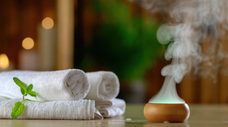 A tranquil scene featuring an essential oil diffuser emitting soothing steam beside neatly rolled towels and a fresh mint leaf, ideal for relaxation and wellness.の素材