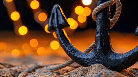 This captivating close-up image features a black anchor wrapped in rope, set against a beautifully blurred background of warm bokeh lights, enhancing the nautical theme.の素材