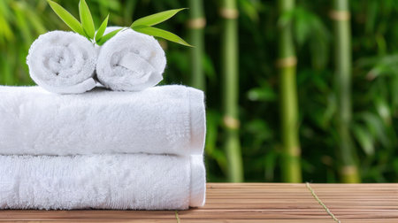 Experience serenity with soft white towels stacked elegantly, complemented by lush green bamboo in a calming spa setting. Perfect for wellness themes.の素材