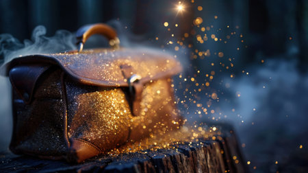 A stunning leather bag exudes elegance, adorned with magical golden sparkles against a wooden surface, capturing a mystical forest atmosphere at twilight.の素材
