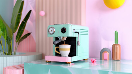 A stylish retro espresso machine brews a fresh cup of coffee in a vibrant pink and green setting. This image captures the essence of modern kitchen aesthetics.の素材