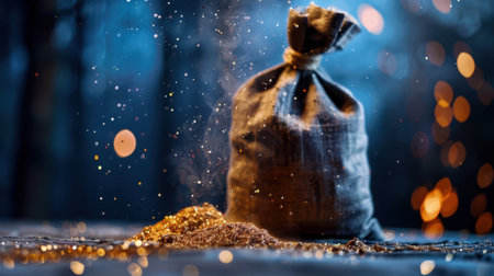 A captivating image showcasing a bag filled with golden dust particles, creating a magical aura in a soft, dreamy background that enhances the charm.の素材