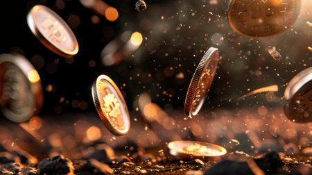 This captivating image shows Bitcoin coins beautifully falling and scattering over a dark surface, surrounded by sparkling particles, symbolizing digital wealth.の素材