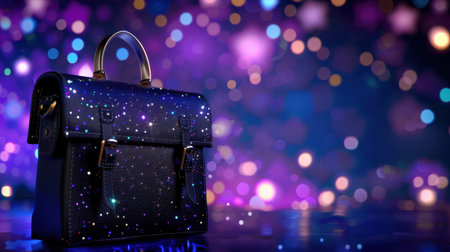 This stunning image features an elegant black handbag adorned with sparkling details, elegantly displayed on a reflective surface against a backdrop of colorful bokeh lights that evoke a sense of luxury and creativity.の素材