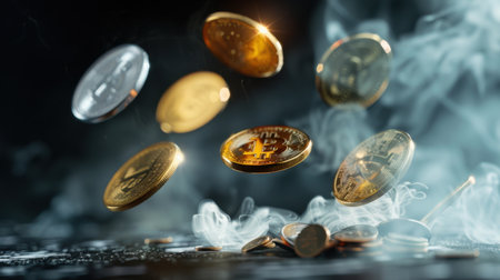 The image depicts various cryptocurrency coins floating above a dark surface, surrounded by smoke. This visual highlights the merging of digital finance and innovative technology.の素材