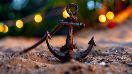 A close-up image of an iron vintage anchor with rope, nestled in sandy beach terrain, illuminated by warm bokeh lights and surrounded by tropical foliage, evoking a serene atmosphere.の素材