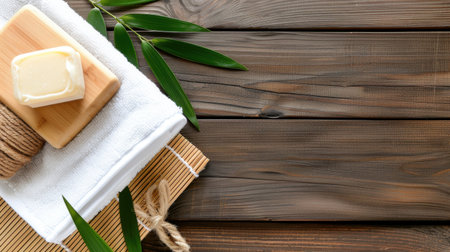 Explore a serene composition featuring spa essentials like soap, a towel, and bamboo leaves arranged on a wooden surface, perfect for wellness and relaxation moments.の素材