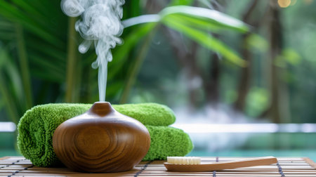 A wooden aromatherapy diffuser releases fragrant smoke over vibrant green towels, set in a serene natural environment, perfect for relaxation and wellness.の素材