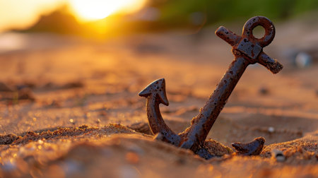 A close-up of a rusty anchor embedded in sandy beach at sunset. The soft, warm light creates a serene and nostalgic atmosphere, highlighting the anchor's detail.の素材