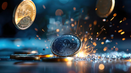A vivid depiction of coins falling amidst a burst of sparks and illuminating effects, showcasing themes of finance, wealth, and modern investment dynamics.の素材