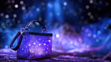 A chic handbag featuring a stunning cosmic design with vibrant stars and brilliant colors, set against a dreamy backdrop, ideal for fashion lovers.の素材