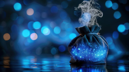A stunning image of a magical bag emitting smoke and glowing stars, creating a dreamy atmosphere with a vibrant blue background, evoking feelings of wonder.の素材