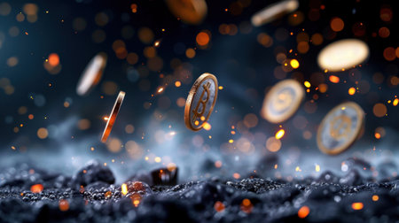 A captivating representation of floating cryptocurrency coins amidst glowing particles over a dark surface, symbolizing the essence of digital finance and innovation.の素材