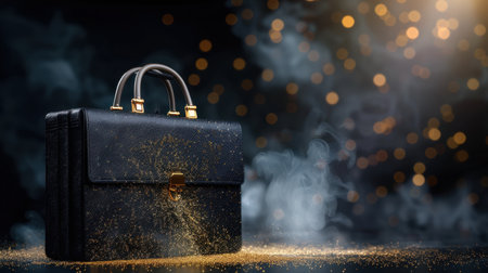 A stylish black leather briefcase lies elegantly against a dark backdrop sprinkled with sparkles and a bokeh effect, adding a touch of sophistication to any professional setting.の素材