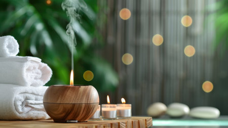 A serene setting featuring incense burning softly, flickering candles, and folded towels, set against a backdrop of lush greenery, perfect for relaxation.の素材
