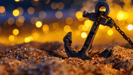 A vintage anchor rests on sandy beach, surrounded by sparkling bokeh lights, creating a serene and tranquil atmosphere perfect for marine-themed projects.の素材