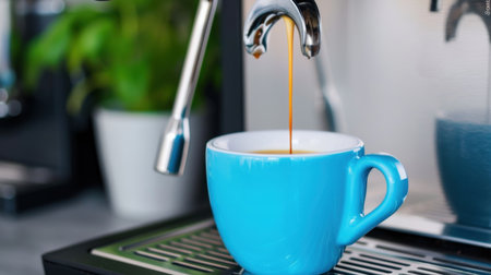 A charming close-up of espresso pouring into a vibrant blue cup captures the essence of coffee culture in a modern cafe. The warm tones evoke comfort.の素材