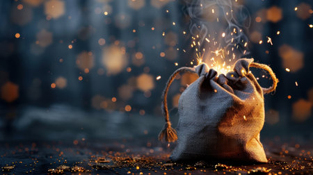 A mesmerizing image of a bag radiating vibrant sparks and glowing lights, set against a dark, dreamy background filled with soft bokeh. The enchanting atmosphere captures wonder and magic, ideal for creative projects.の素材