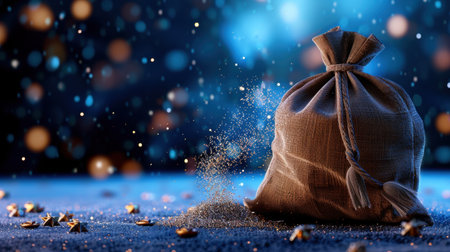 A beautifully styled burlap sack spills glittering dust against a captivating blue background filled with soft, glowing bokeh lights, perfect for holiday themes.の素材